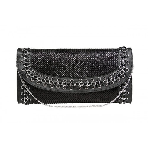 Evening Bag - Straw Like w/ Whipped Chain Trim - Black - BG-92126B